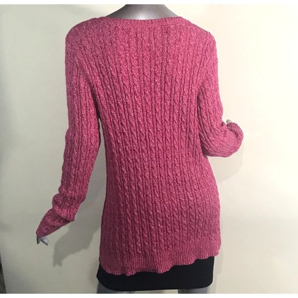 Croft & Barrow Women's Medium Red Pink White Cable Knit Sweater V Neck Tunic Top - Picture 7 of 15